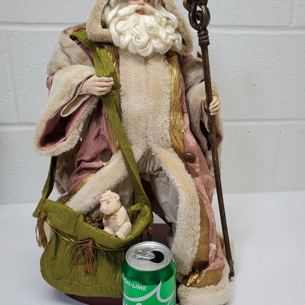 Handcrafted Santa Figurine in Cream and Pink with Olive Green Bag - Unbranded